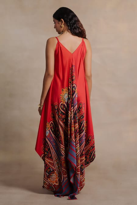 Shop Moh India Multi Color Twill, Cotton Satin Embroidery V-neck Zaffrani Persian Paisley Dress at Aza Fashions Shop_Moh India_Multi Color Twill, Cotton Satin Embroidery V-neck Zaffrani Persian Paisley Dress _at_Aza_Fashions