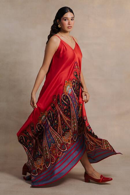 Moh India Multi Color Twill, Cotton Satin Embroidery V-neck Zaffrani Persian Paisley Dress Online at Aza Fashions Moh India_Multi Color Twill, Cotton Satin Embroidery V-neck Zaffrani Persian Paisley Dress _Online_at_Aza_Fashions