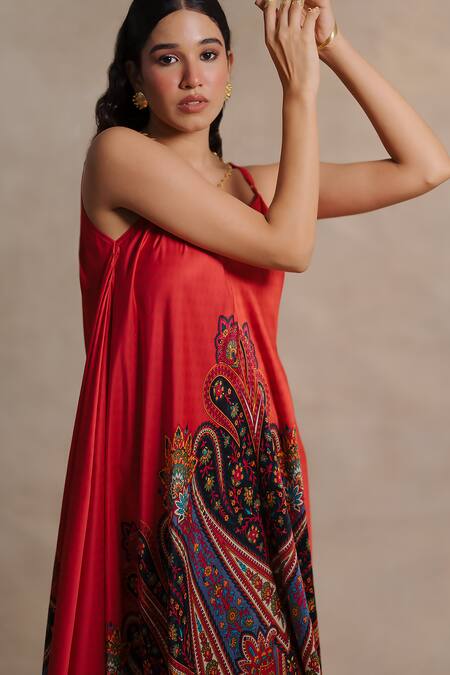 Shop Moh India Multi Color Twill, Cotton Satin Embroidery V-neck Zaffrani Persian Paisley Dress Online at Aza Fashions Shop_Moh India_Multi Color Twill, Cotton Satin Embroidery V-neck Zaffrani Persian Paisley Dress _Online_at_Aza_Fashions