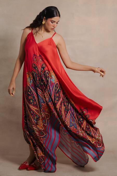 Moh India Multi Color Twill, Cotton Satin Embroidery V-neck Zaffrani Persian Paisley Dress at Aza Fashions Moh India_Multi Color Twill, Cotton Satin Embroidery V-neck Zaffrani Persian Paisley Dress _at_Aza_Fashions