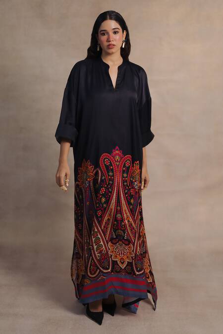 Moh India Black Bemberg Mushroom Twill Cotton Satin Paisley Notched Mehr Kaftan 