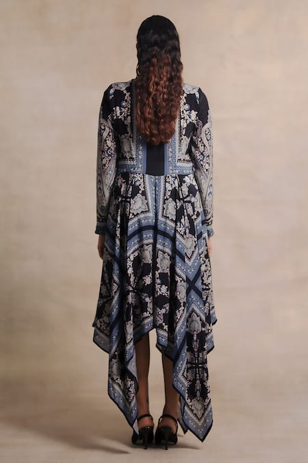 Shop_Moh India_Blue Crepe Embroidery Round Neck Indus Moon Paisley Pattern Dress _at_Aza_Fashions