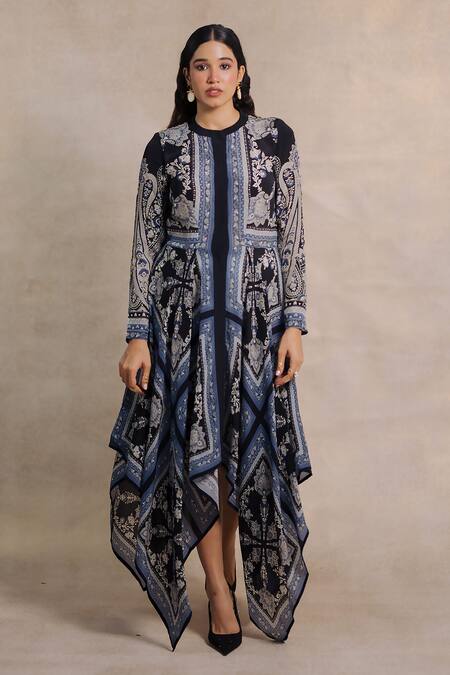 Moh India_Blue Crepe Embroidery Round Neck Indus Moon Paisley Pattern Dress _Online_at_Aza_Fashions