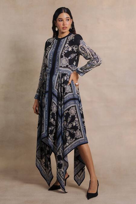 Buy_Moh India_Blue Crepe Embroidery Round Neck Indus Moon Paisley Pattern Dress _Online_at_Aza_Fashions