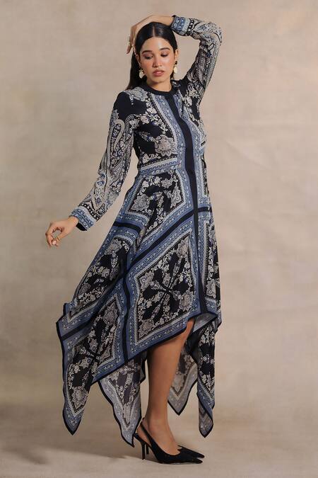 Shop_Moh India_Blue Crepe Embroidery Round Neck Indus Moon Paisley Pattern Dress _Online_at_Aza_Fashions