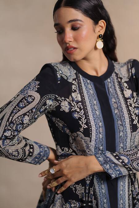 Moh India_Blue Crepe Embroidery Round Neck Indus Moon Paisley Pattern Dress _at_Aza_Fashions