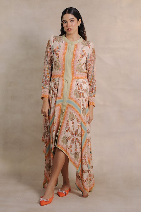 Moh India_Multi Color Crepe Round Neck Sindh Paisley Pattern Dress _Online_at_Aza_Fashions