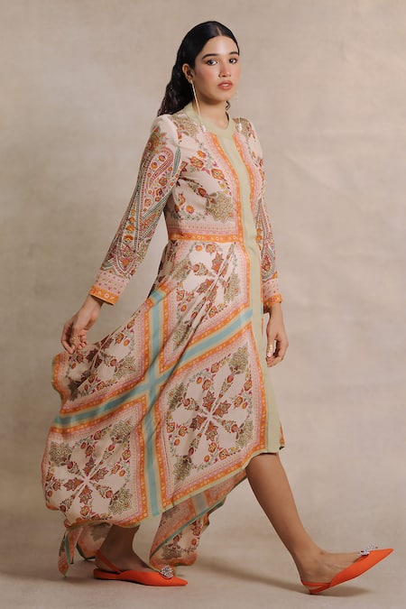 Buy_Moh India_Multi Color Crepe Round Neck Sindh Paisley Pattern Dress _Online_at_Aza_Fashions