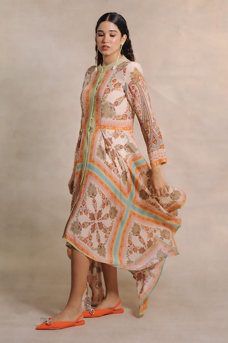 Shop_Moh India_Multi Color Crepe Round Neck Sindh Paisley Pattern Dress _Online_at_Aza_Fashions