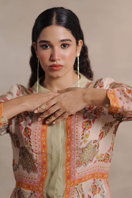 Moh India_Multi Color Crepe Round Neck Sindh Paisley Pattern Dress _at_Aza_Fashions