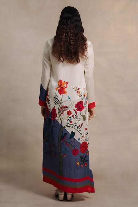 Shop_Moh India_Blue Twill, Cotton Satin Embroidery Shawl Neck, Collared Mahalbagh Kaftan _at_Aza_Fashions