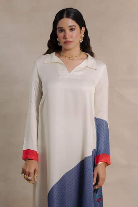 Moh India_Blue Twill, Cotton Satin Embroidery Shawl Neck, Collared Mahalbagh Kaftan _Online_at_Aza_Fashions