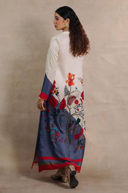 Buy_Moh India_Blue Twill, Cotton Satin Embroidery Shawl Neck, Collared Mahalbagh Kaftan _Online_at_Aza_Fashions