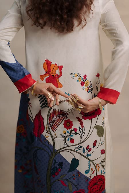 Shop_Moh India_Blue Twill, Cotton Satin Embroidery Shawl Neck, Collared Mahalbagh Kaftan _Online_at_Aza_Fashions