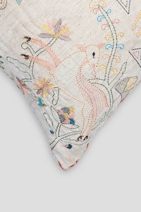 Houmn White Cotton Flex Mash Embroidered Square Cushion Cover Online at Aza Fashions Houmn_White Cotton Flex Mash Embroidered Square Cushion Cover_Online_at_Aza_Fashions