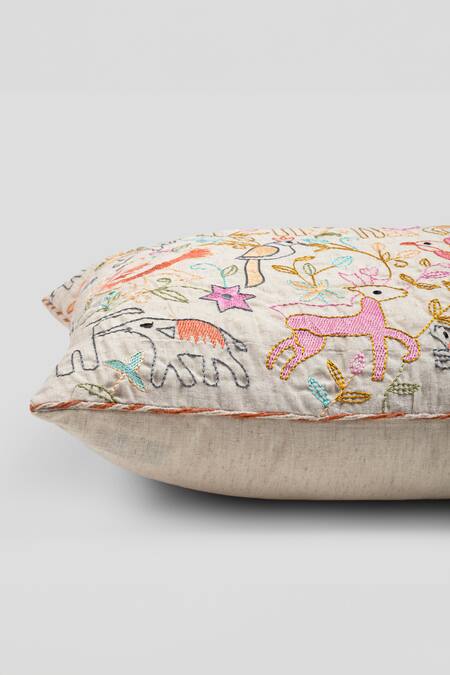 Houmn_Multi Color Cotton Flex Camal Embroidered Rectangle Cushion Cover_Online_at_Aza_Fashions