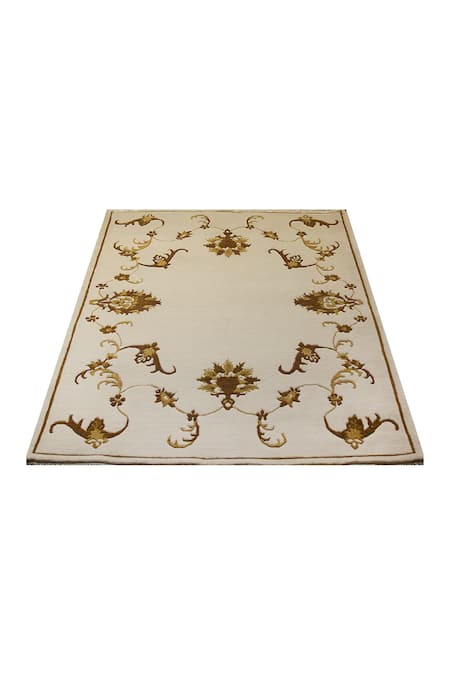 Qaaleen_Beige Pure Silk, New Zealand Wool Handcrafted Knotted Carpet_Online_at_Aza_Fashions