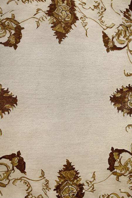 Buy_Qaaleen_Beige Pure Silk, New Zealand Wool Handcrafted Knotted Carpet_Online_at_Aza_Fashions