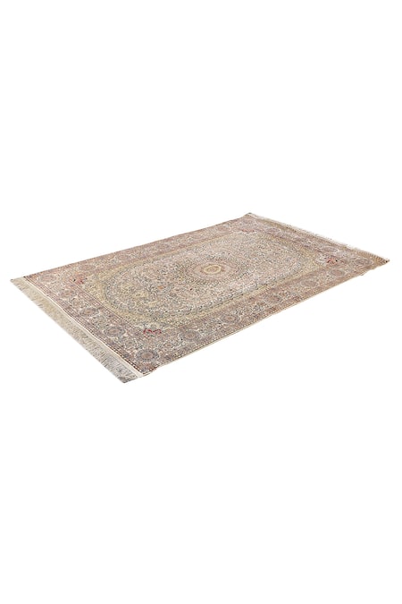 Shop_Qaaleen_Beige Silk Hand Knotted Handcrafted Carpet _at_Aza_Fashions