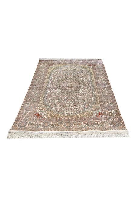 Shop_Qaaleen_Beige Silk Hand Knotted Handcrafted Carpet _Online_at_Aza_Fashions