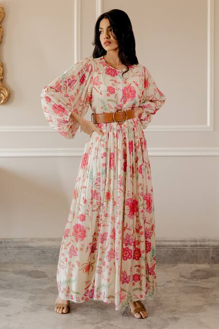 Paulmi And Harsh_White Dress Cotton Silk Inner Shantoon Chintz Motifs Round Print _Online_at_Aza_Fashions