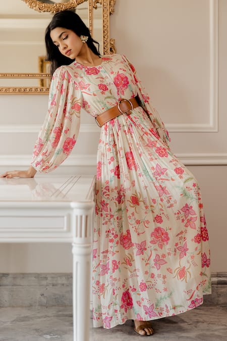 Buy_Paulmi And Harsh_White Dress Cotton Silk Inner Shantoon Chintz Motifs Round Print _Online_at_Aza_Fashions