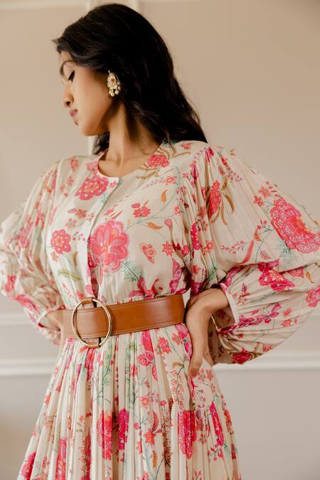 Shop_Paulmi And Harsh_White Dress Cotton Silk Inner Shantoon Chintz Motifs Round Print _Online_at_Aza_Fashions