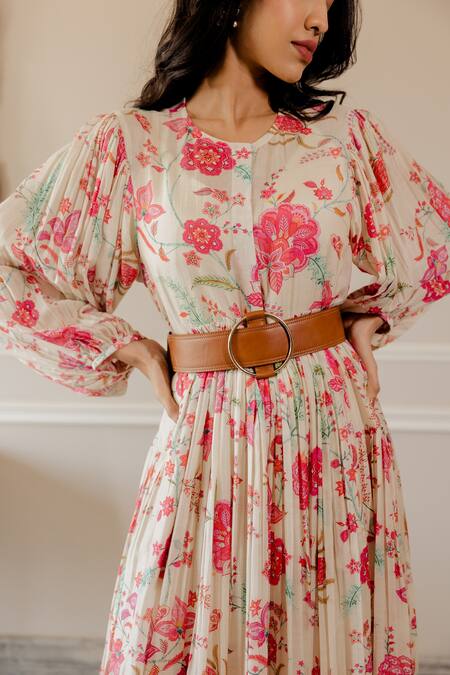 Paulmi And Harsh_White Dress Cotton Silk Inner Shantoon Chintz Motifs Round Print _at_Aza_Fashions