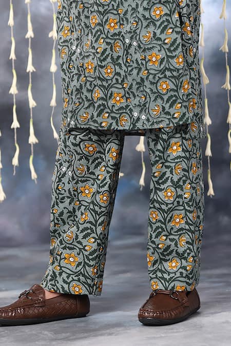 Shop_Littlecheer_Grey Cotton Embroidery Floral Jaal Print Kurta With Pant _Online_at_Aza_Fashions