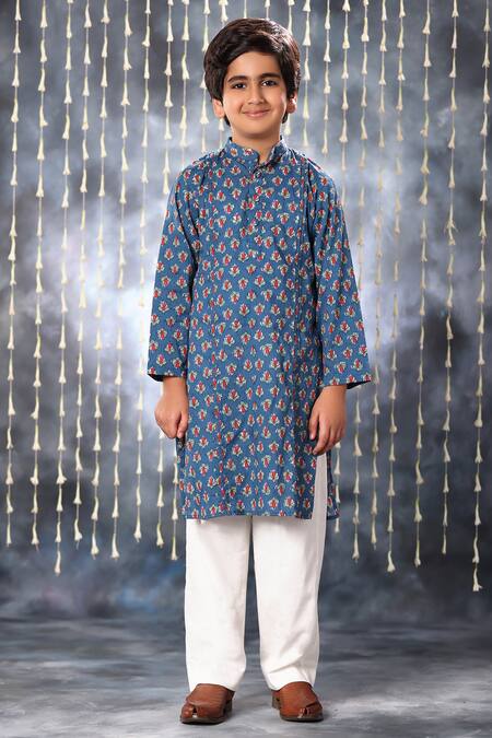 Littlecheer_Blue Cotton Embroidery Floral Blossom Print Kurta With Pant _Online_at_Aza_Fashions