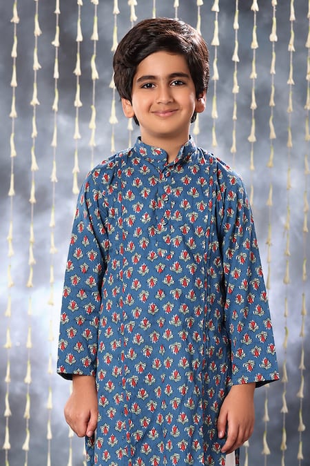 Buy_Littlecheer_Blue Cotton Embroidery Floral Blossom Print Kurta With Pant _Online_at_Aza_Fashions