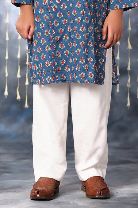 Shop_Littlecheer_Blue Cotton Embroidery Floral Blossom Print Kurta With Pant _Online_at_Aza_Fashions