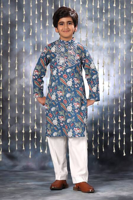 Littlecheer Blue Cotton Gota Patti Botanic Print Kurta With Pant Online at Aza Fashions Littlecheer_Blue Cotton Gota Patti Botanic Print Kurta With Pant _Online_at_Aza_Fashions