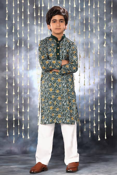 LittleCheer Grey Cotton Handblock Floral Vine Print Kurta With Pant 