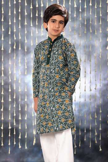 Shop Littlecheer Grey Cotton Embroidery Floral Vine Print Kurta With Pant at Aza Fashions Shop_Littlecheer_Grey Cotton Embroidery Floral Vine Print Kurta With Pant _at_Aza_Fashions