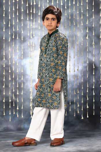 Littlecheer Grey Cotton Embroidery Floral Vine Print Kurta With Pant Online at Aza Fashions Littlecheer_Grey Cotton Embroidery Floral Vine Print Kurta With Pant _Online_at_Aza_Fashions