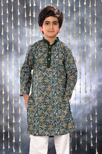 Shop Littlecheer Grey Cotton Embroidery Floral Vine Print Kurta With Pant Online at Aza Fashions Shop_Littlecheer_Grey Cotton Embroidery Floral Vine Print Kurta With Pant _Online_at_Aza_Fashions