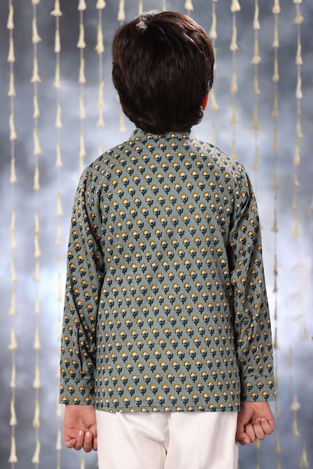 Shop Littlecheer Grey Cotton Embroidery Blossom Handblock Print Shirt at Aza Fashions Shop_Littlecheer_Grey Cotton Embroidery Blossom Handblock Print Shirt _at_Aza_Fashions