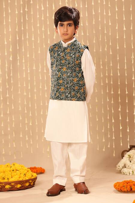 Littlecheer_Gray Cotton Embroidery Floral Handblock Bundi Kurta Set _Online_at_Aza_Fashions