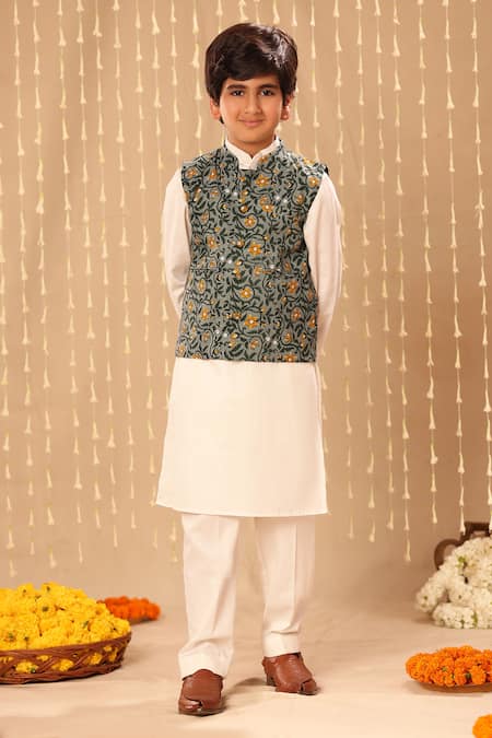 Buy_Littlecheer_Gray Cotton Embroidery Floral Handblock Bundi Kurta Set _Online_at_Aza_Fashions