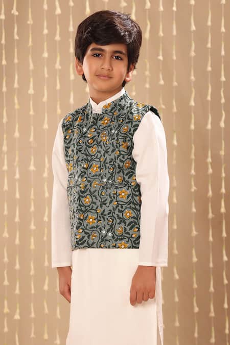 Littlecheer_Gray Cotton Embroidery Floral Handblock Bundi Kurta Set _at_Aza_Fashions