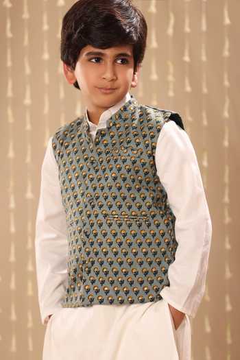 Shop_Littlecheer_Gray Cotton Floral Bud Print Bundi Kurta Set _Online_at_Aza_Fashions