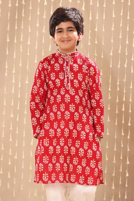 Shop_Littlecheer_Red Cotton Embroidery Flower Print Kurta With Pant _Online_at_Aza_Fashions
