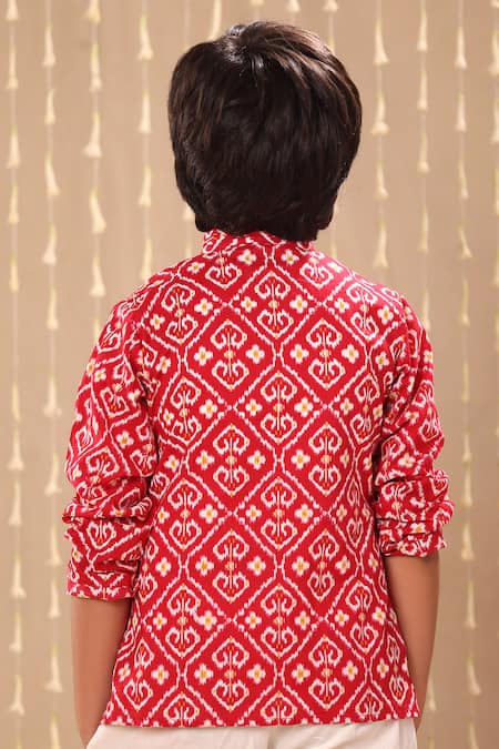 Shop_Littlecheer_Red Cotton Embroidery Ikat Print Kurta _at_Aza_Fashions