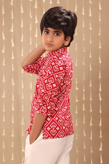 Littlecheer_Red Cotton Embroidery Ikat Print Kurta _Online_at_Aza_Fashions