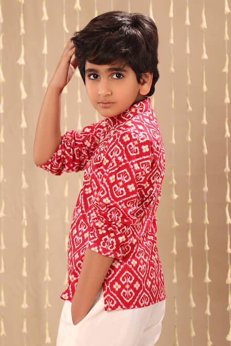 Buy_Littlecheer_Red Cotton Embroidery Ikat Print Kurta _Online_at_Aza_Fashions