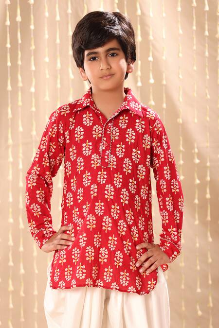 Buy Littlecheer Red Cotton Flower Print Short Kurta With Dhoti Salwar Online at Aza Fashions Buy_Littlecheer_Red Cotton Flower Print Short Kurta With Dhoti Salwar _Online_at_Aza_Fashions