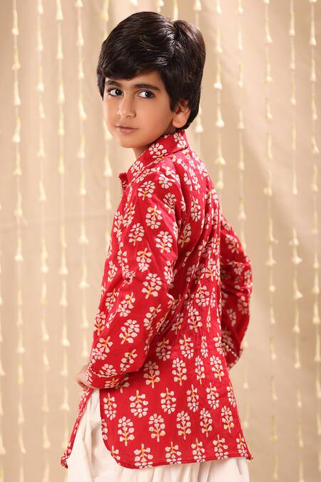 Shop Littlecheer Red Cotton Flower Print Short Kurta With Dhoti Salwar Online at Aza Fashions Shop_Littlecheer_Red Cotton Flower Print Short Kurta With Dhoti Salwar _Online_at_Aza_Fashions