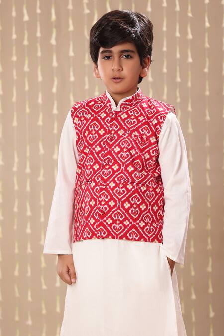 Littlecheer Red Cotton Jaipuri Ikat Handblock Jacket Online at Aza Fashions Littlecheer_Red Cotton Jaipuri Ikat Handblock Jacket _Online_at_Aza_Fashions