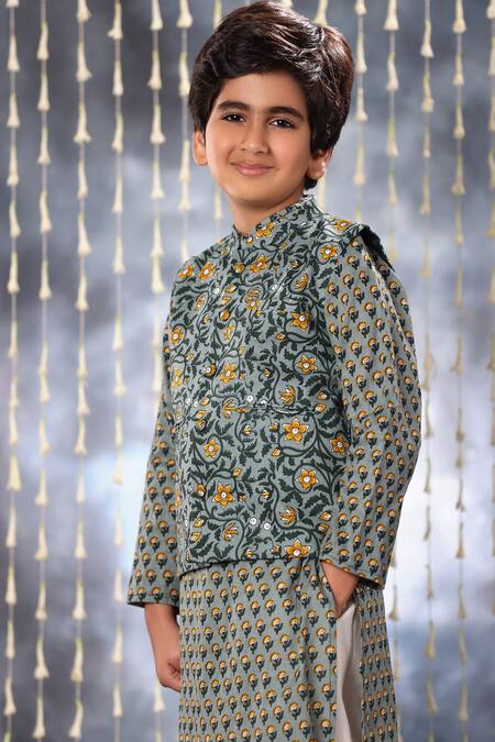 Buy_Littlecheer_Grey Cotton Jaipuri Bloom Print Jacket _Online_at_Aza_Fashions